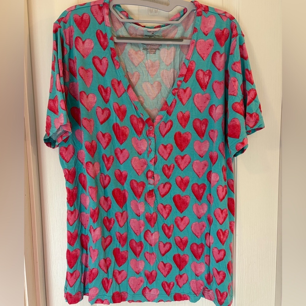 Posh Peanut Turquoise Heart Print V-Neck Button Front Top